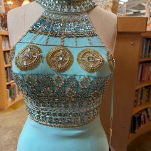 Aspeed Design Aqua Blue Rhinestone Embellished Full Length Formal Gown